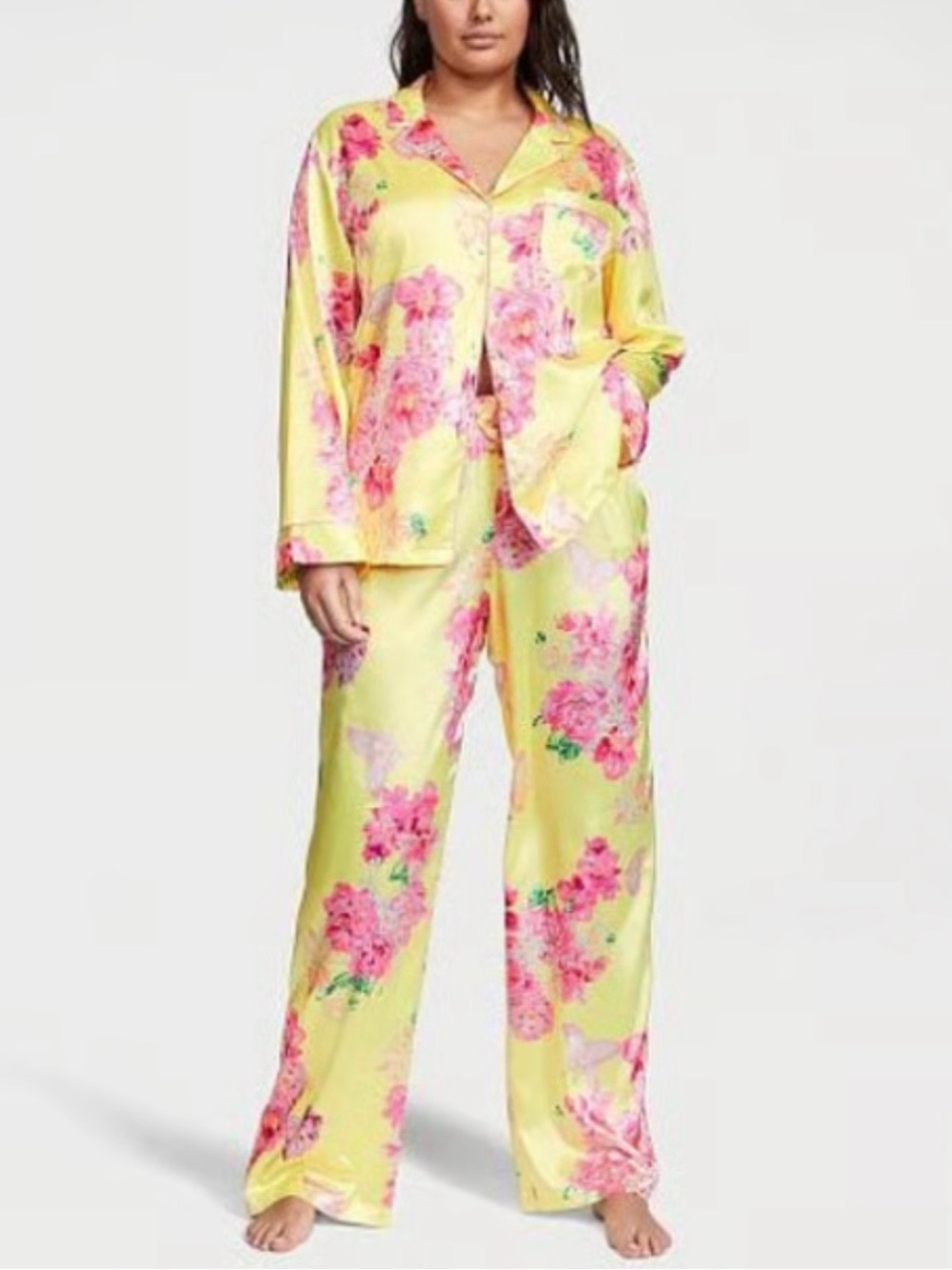 Victoria's Secret Satin Floral 2 PC Pajama Citron Pink Relaxed Size S